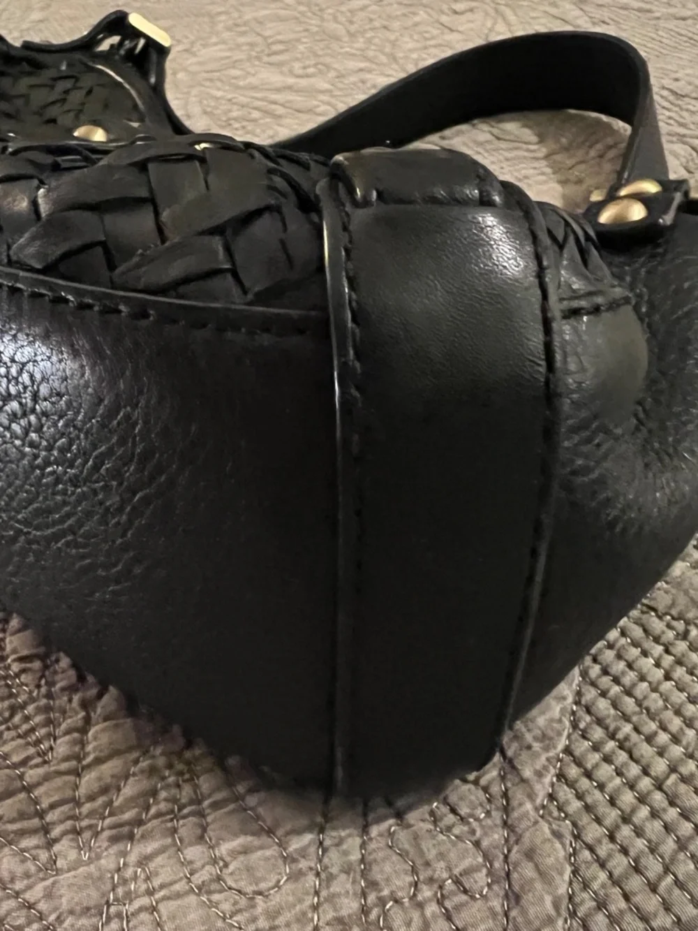 Cole Haan Village Weave Black Pebbled Leather Bag with Antiqued Brassy Trim